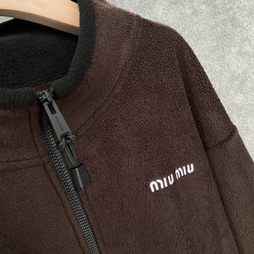Miu Miu Cotton Fleece Zipper Jacket Brown, Size XS/S/M