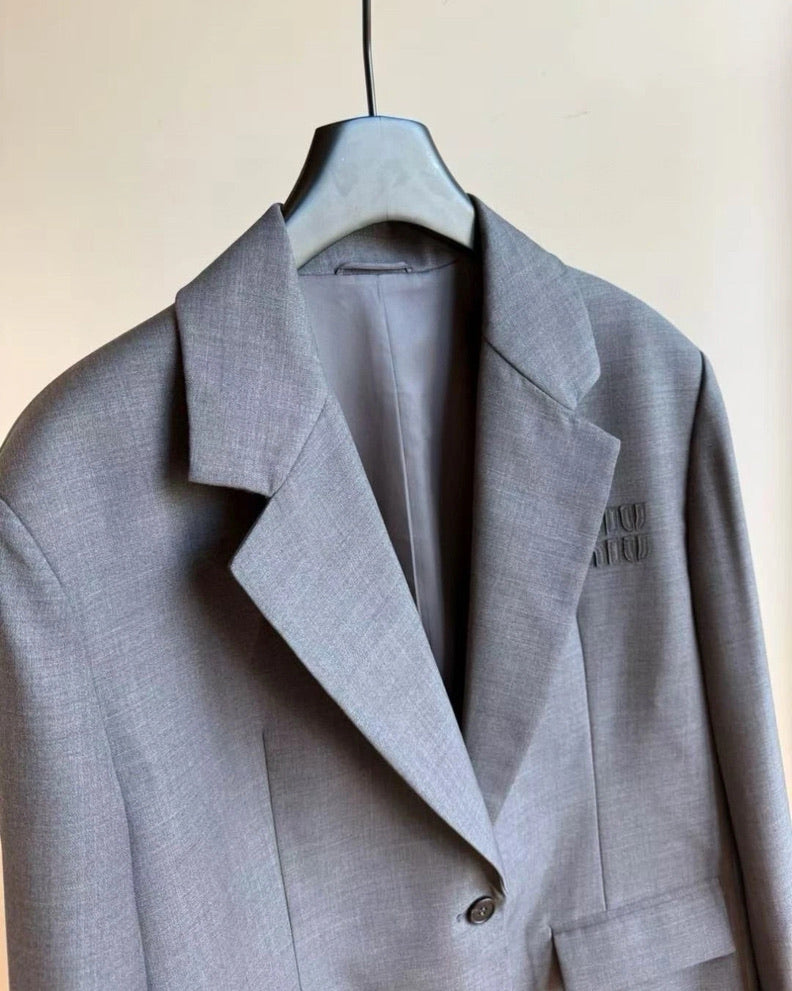 Miu Miu Logo Embroidered Oversized Wool Blazer Jacket in Gray, Size 36/38/40