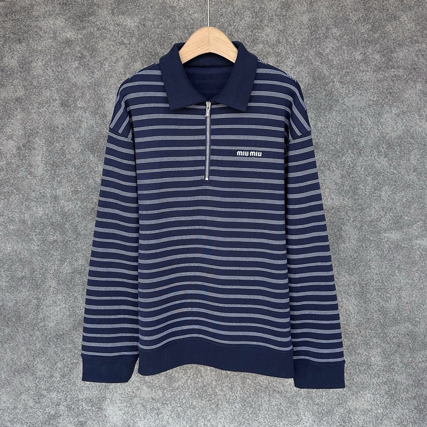 Miu Miu Blue/White Striped Zipper Shirt, Size S/M/L