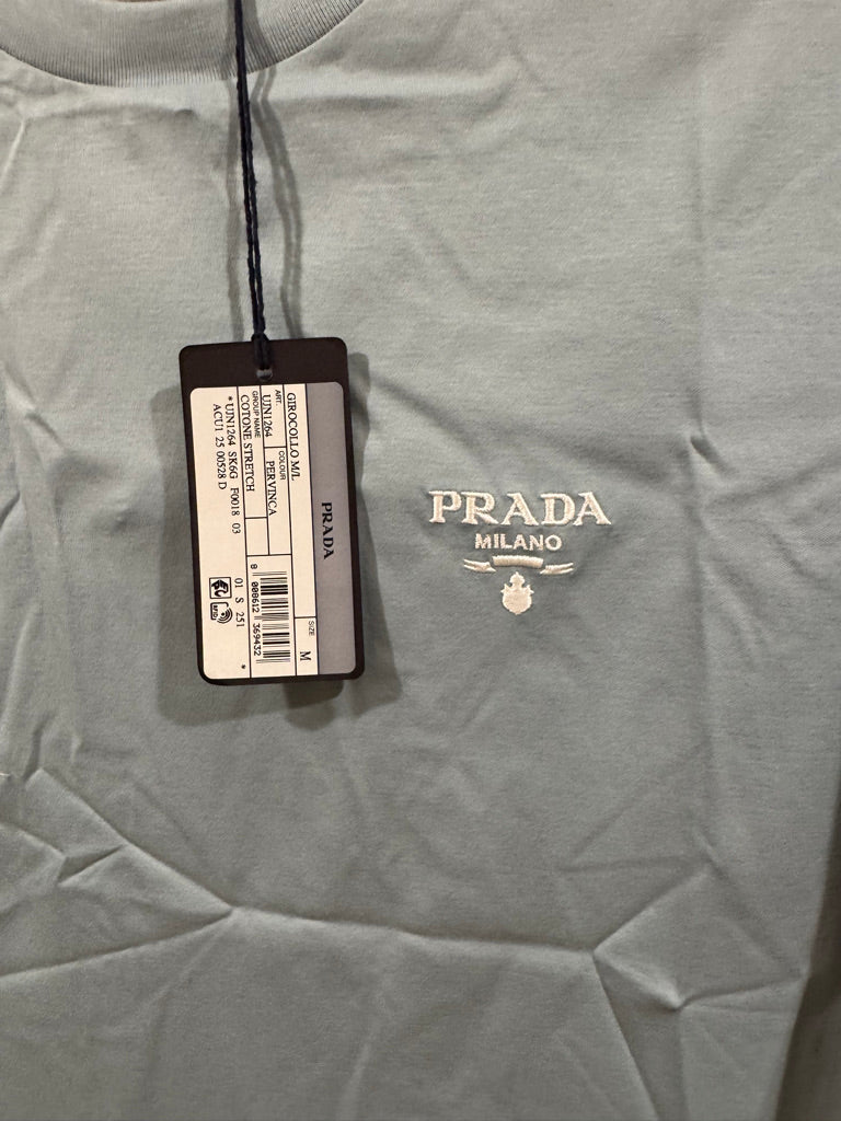 Prada Embroidered Logo Cotton T-Shirt in Light Blue, Size S/L