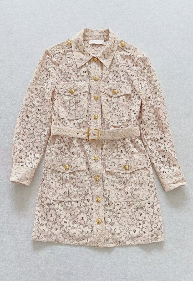 Zimmermann Lace Utility Shirtdress in Beige, Size AU 2