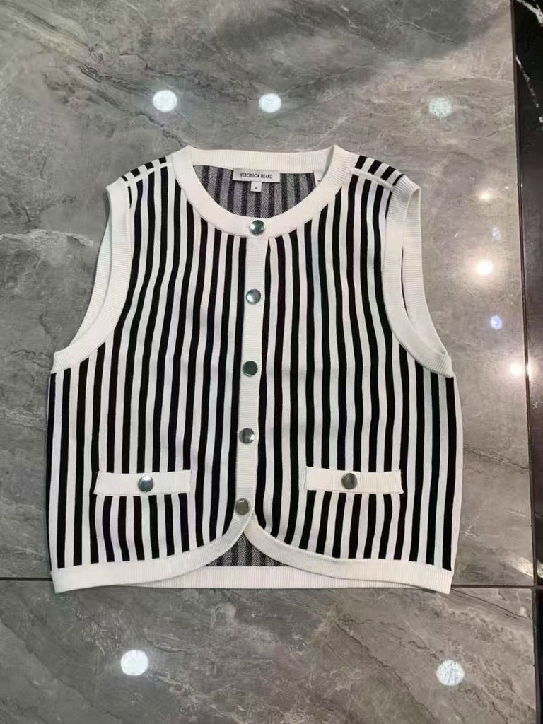 Veronica Beard Leland Stripe Vest & Midi Skirt Set, Size S/M