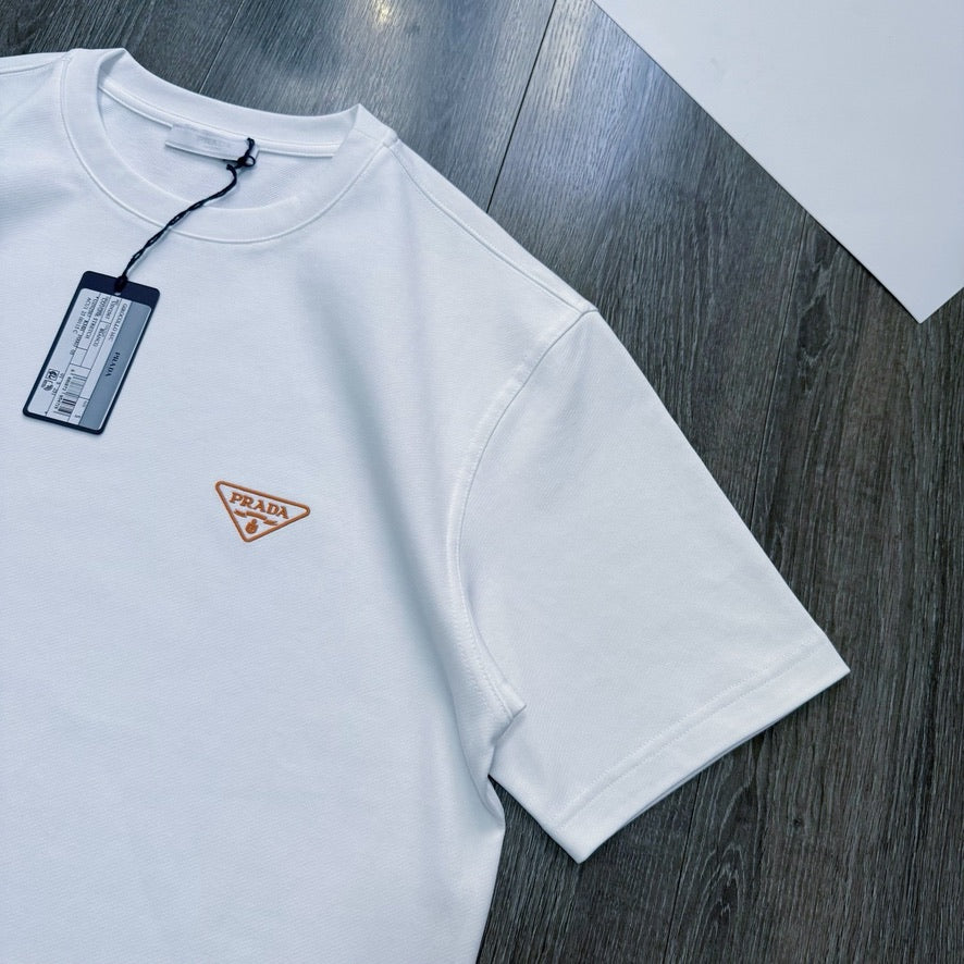 Prada Embroidered Orange Logo Cotton T-Shirt in White, Size XXL