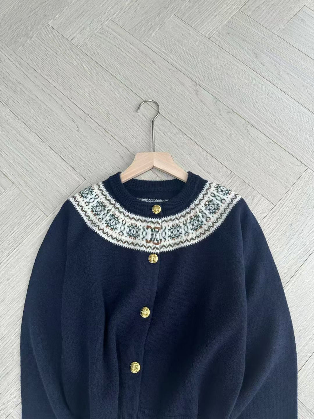 Celine Dark Blue Cardigan in Fair Isle Cashmere, Size S/M/L