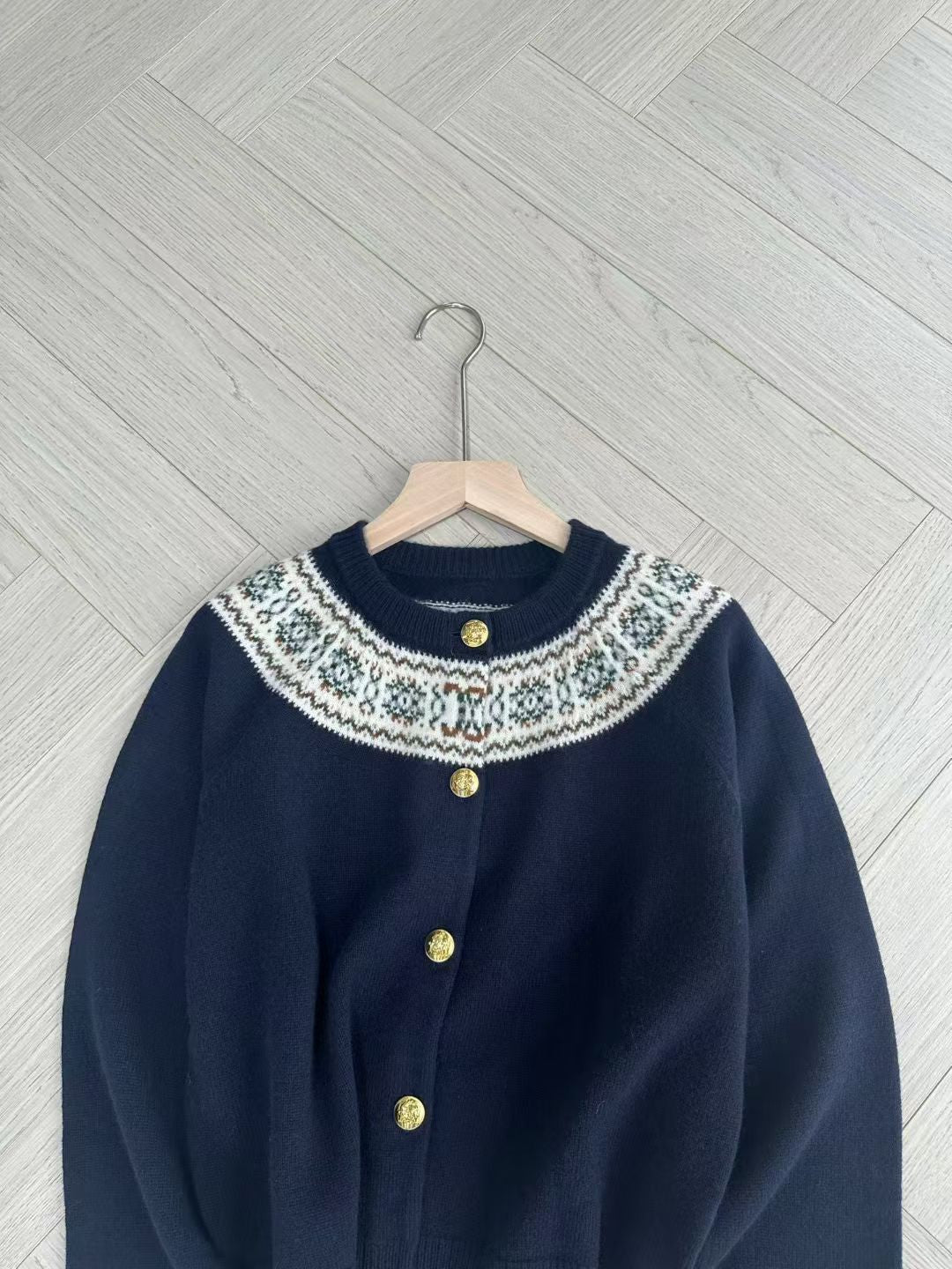 Celine Dark Blue Cardigan in Fair Isle Cashmere, Size S/M/L