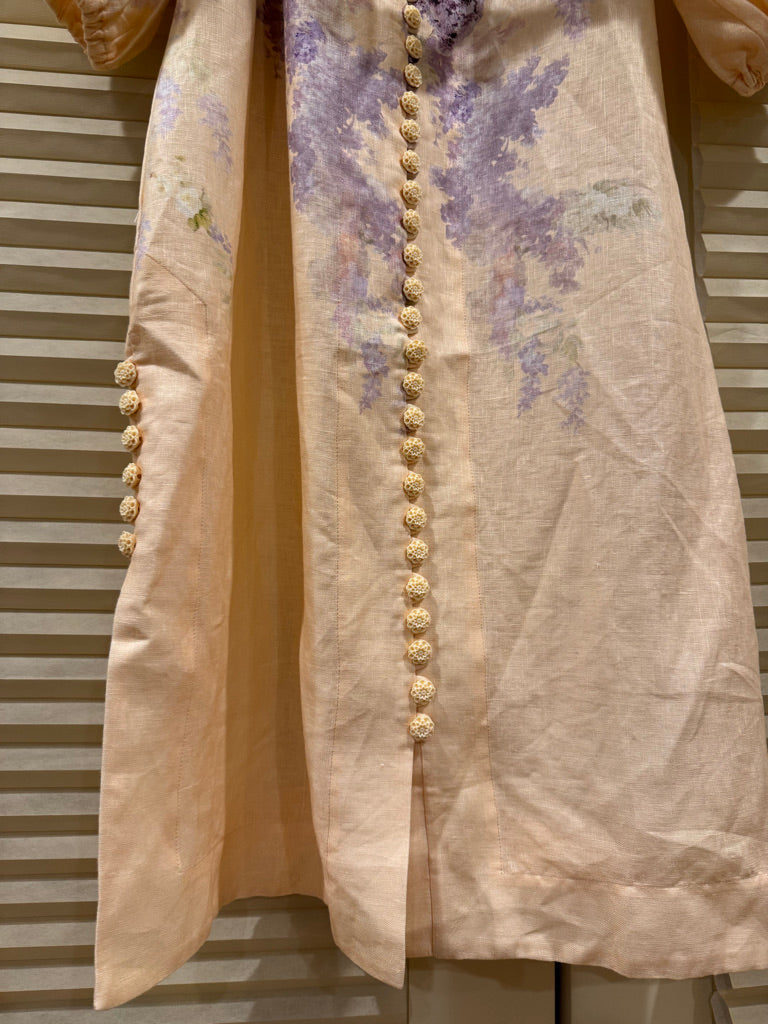 Zimmermann Floral Buttoned Belted Linen Midi Dress, Size AU 1/2