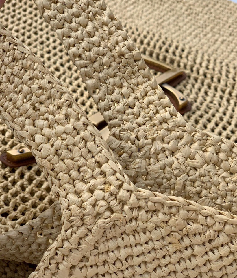 Saint Laurent Icare Maxi Embellished Leather-Trimmed Raffia Tote