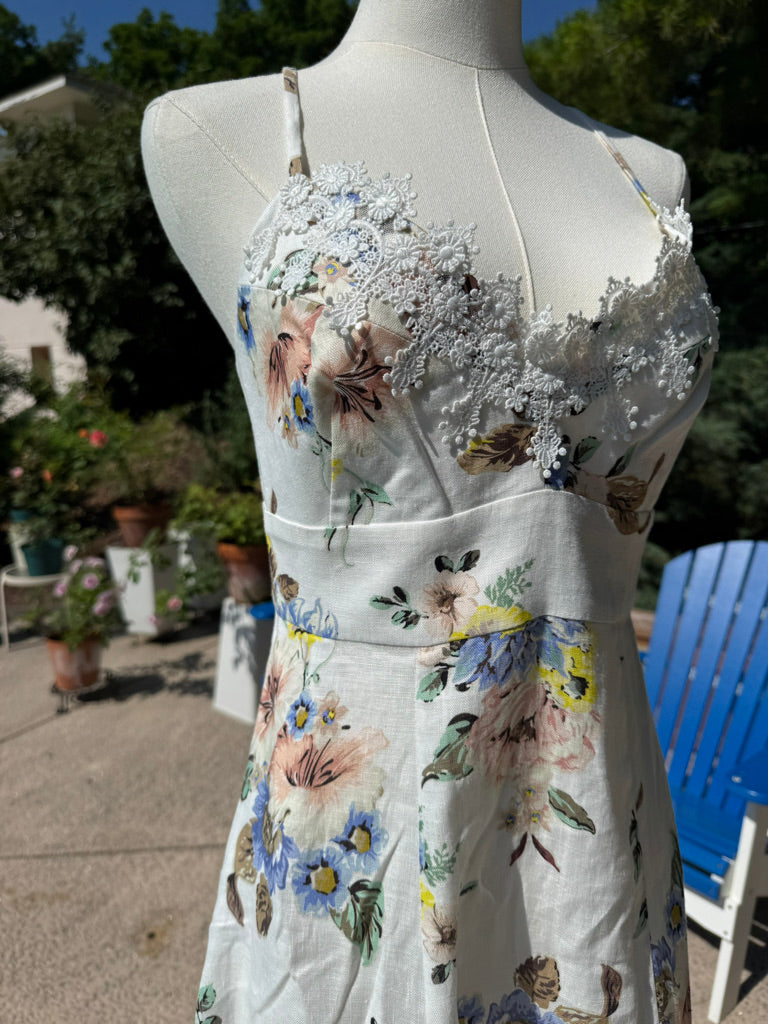 Zimmermann Lace Trim Floral Linen Sundress, Size AU 1/2