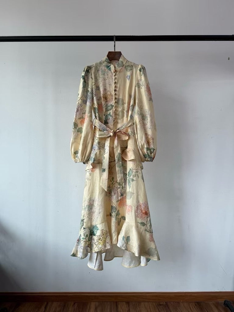 Zimmermann Peplum Belted Linen Midi Dress, Size AU 0/1