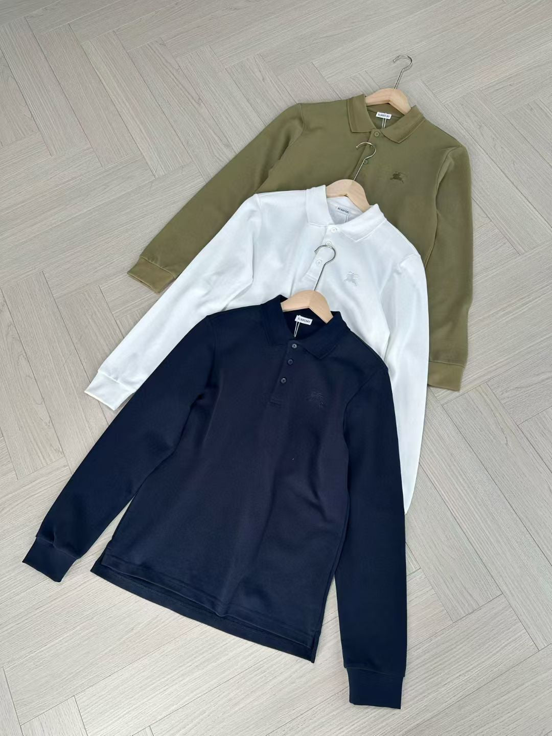 Burberry Long Sleeve Cotton Polo Shirt in Green/White/Blue, Size S/M/L/XL/XXL