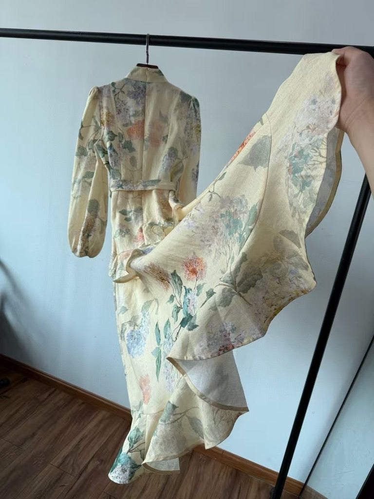 Zimmermann Peplum Belted Linen Midi Dress, Size AU 0/1
