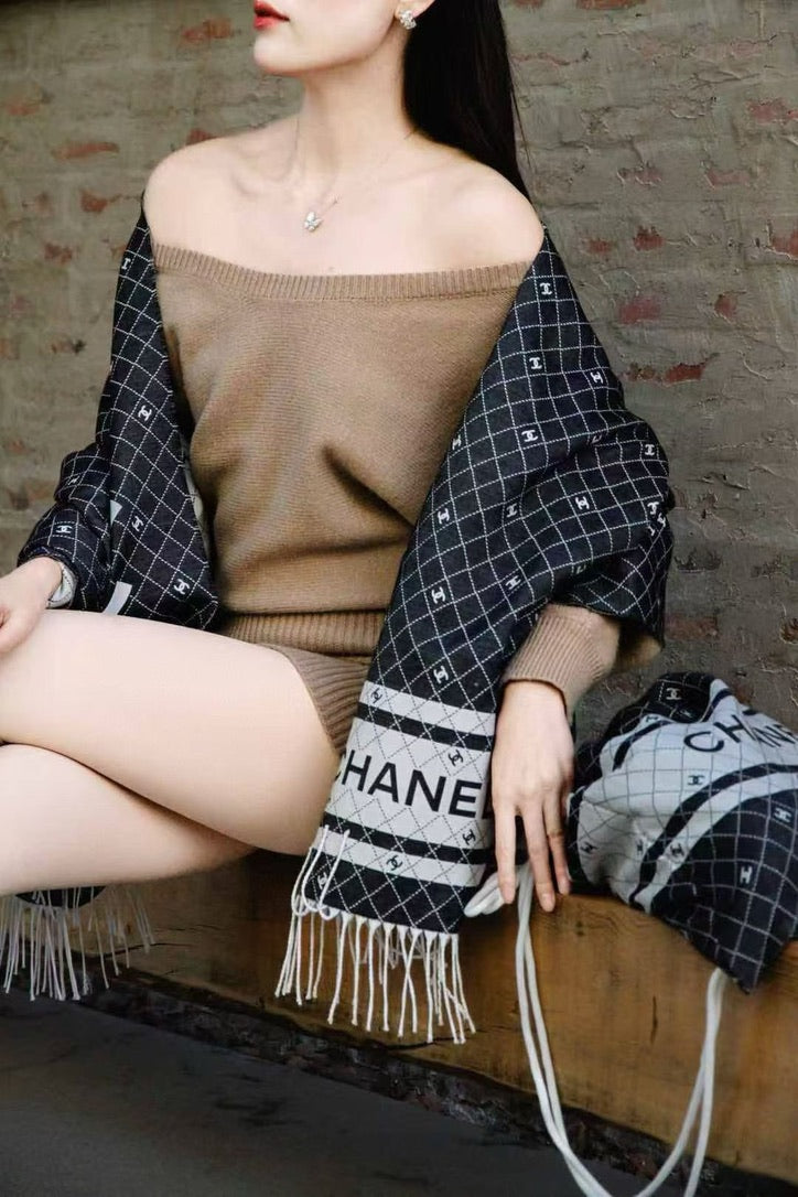 Chanel Logo Cotton/Silk Blend Scarf Black