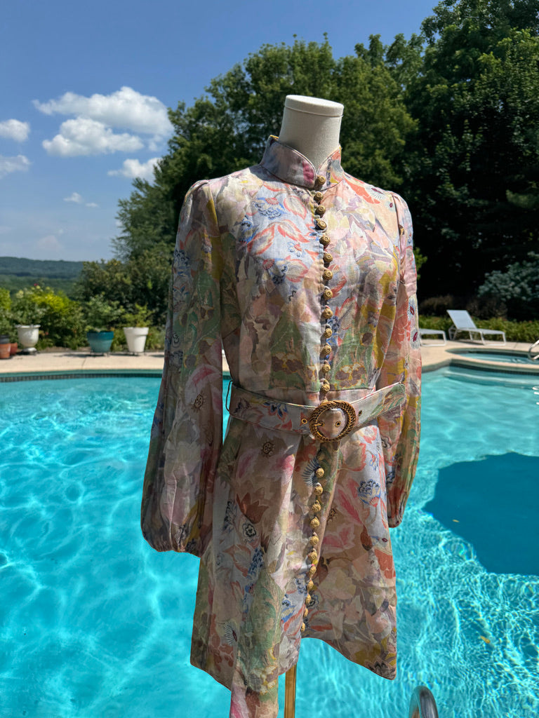Zimmermann Floral Belted Linen Mididress, Size AU 0P/0/1/2/3