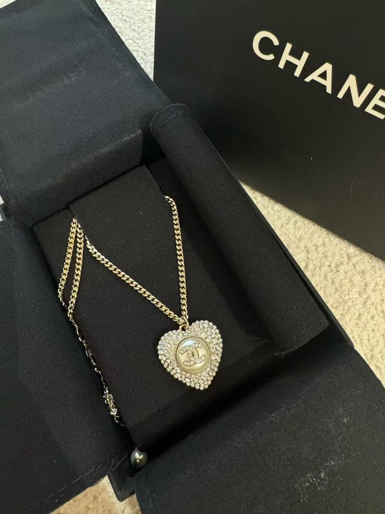 Chanel Pearl Crystal CC Heart Necklace