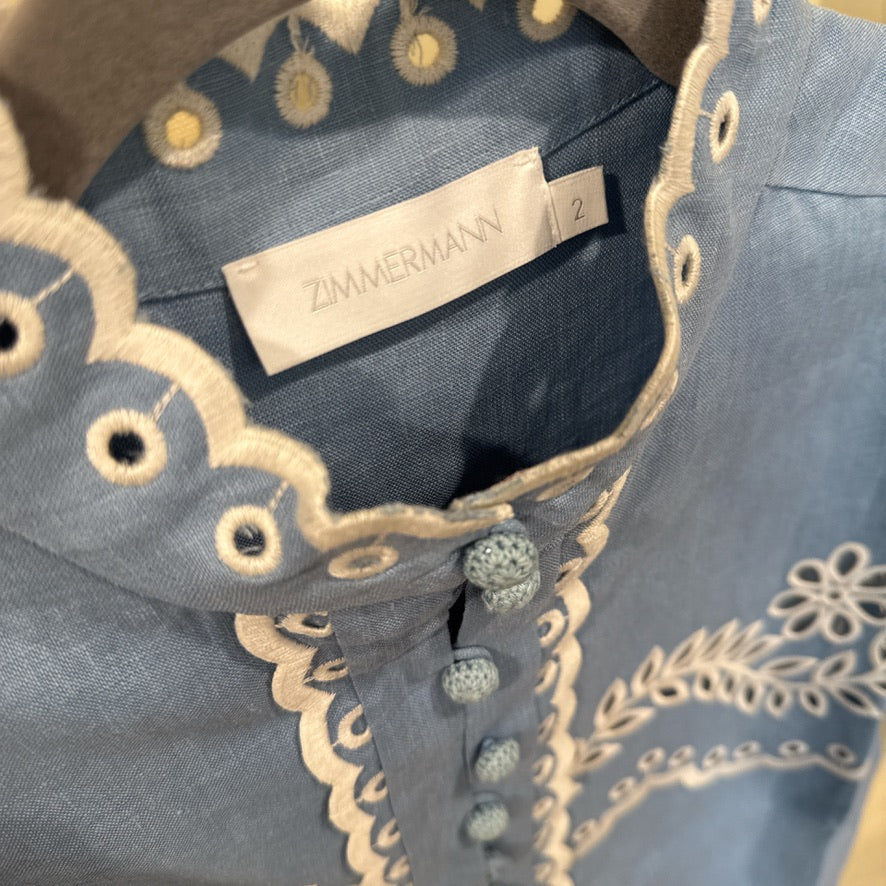 Zimmermann Linen Button Shirt & Belted Shorts Set in Blue, Size AU 1/2/3
