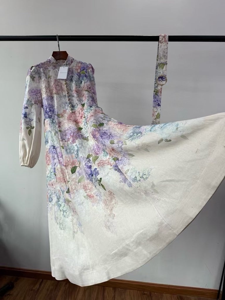 Zimmermann Floral Belted Linen Midi Dress, Size AU 1/2/3