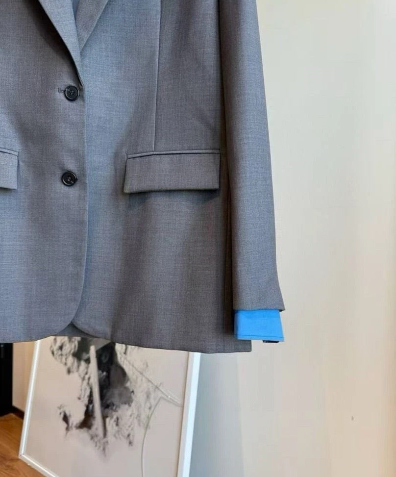 Miu Miu Logo Embroidered Oversized Wool Blazer Jacket in Gray, Size 36/38/40
