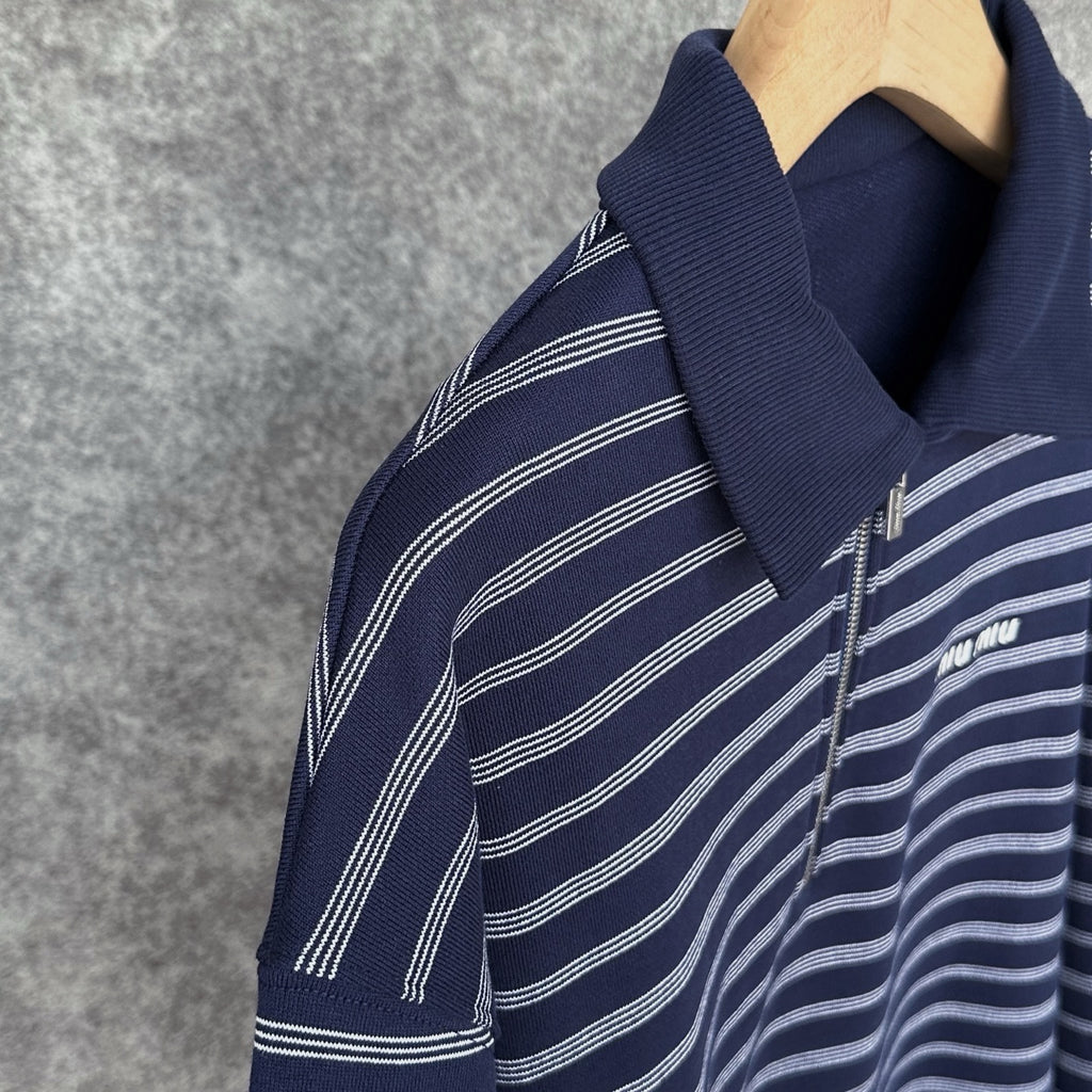 Miu Miu Blue/White Striped Zipper Shirt, Size S/M/L