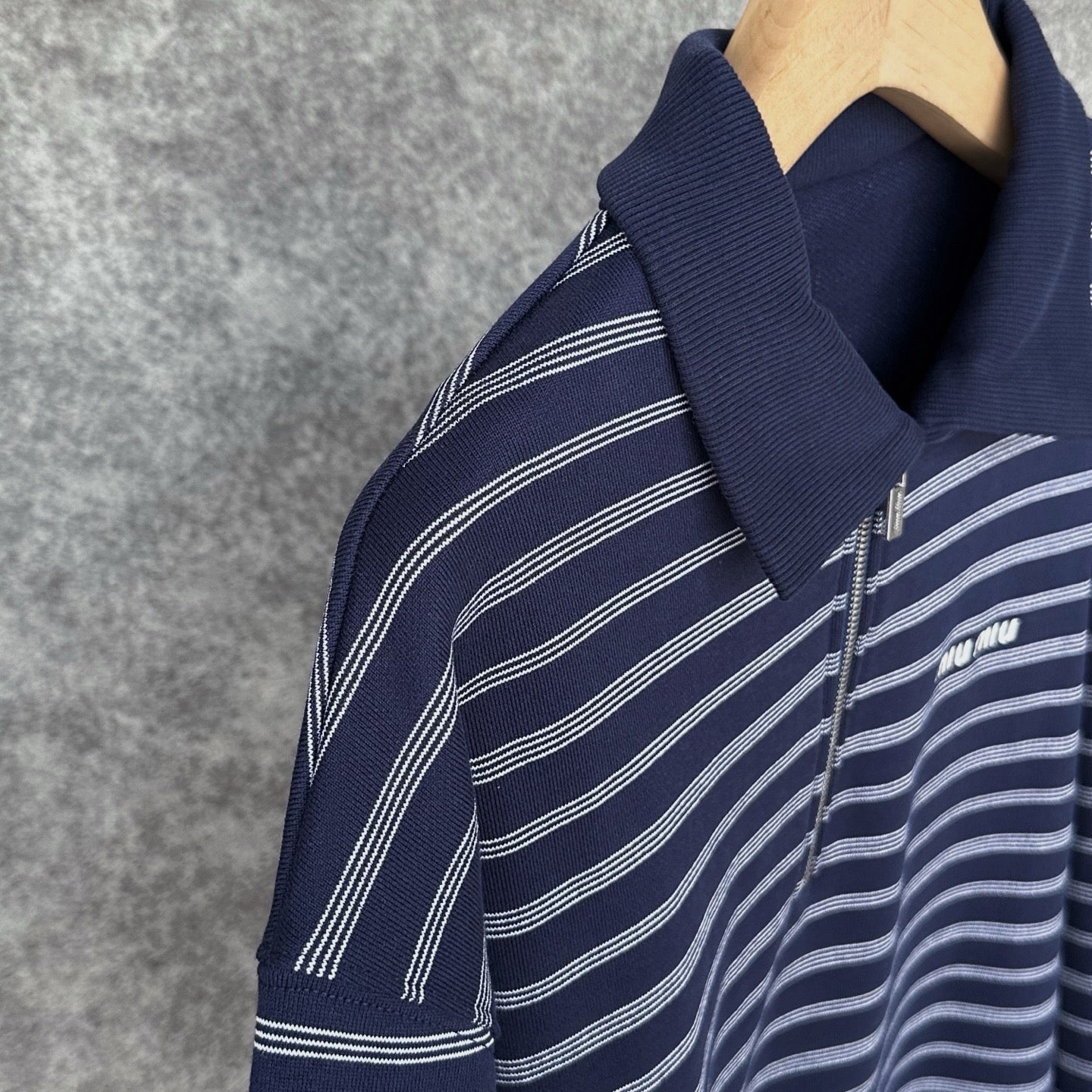 Miu Miu Blue/White Striped Zipper Shirt, Size S/M/L