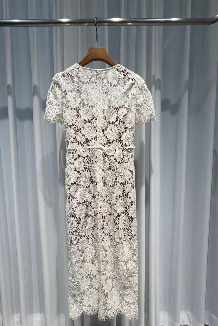 Self-Portrait Cream Fine Lace Pearl Midi Dress, Size US 2/4/6/8
