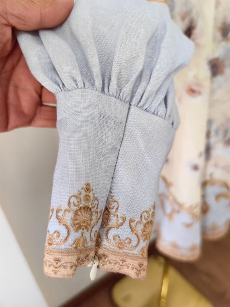 Zimmermann Buttoned Mini Dress in Blue Floral, Size AU 0/1/2/3