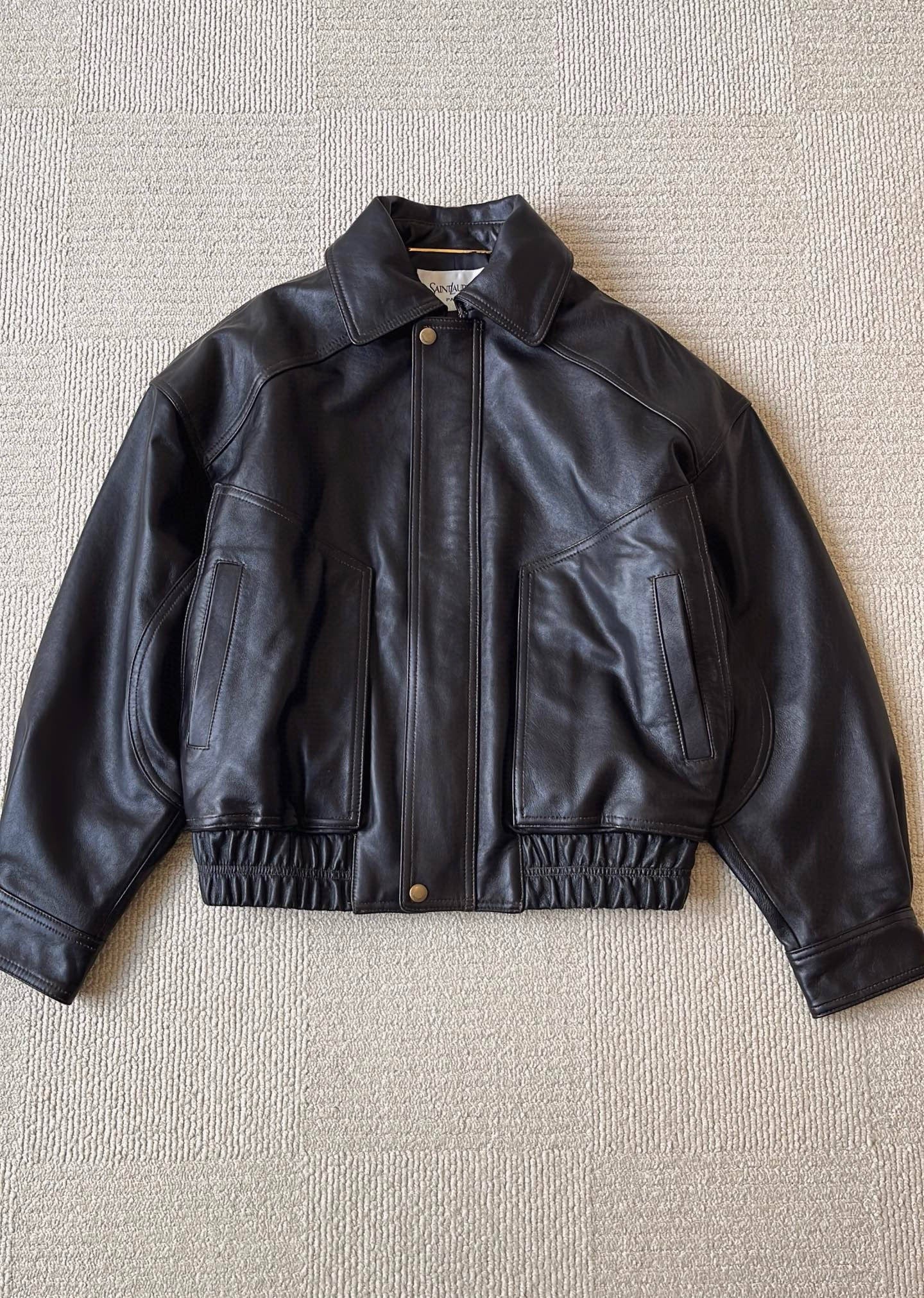 Saint Laurent Bomber Jacket in Grained Leather Dark Brown, Size 36/38/40