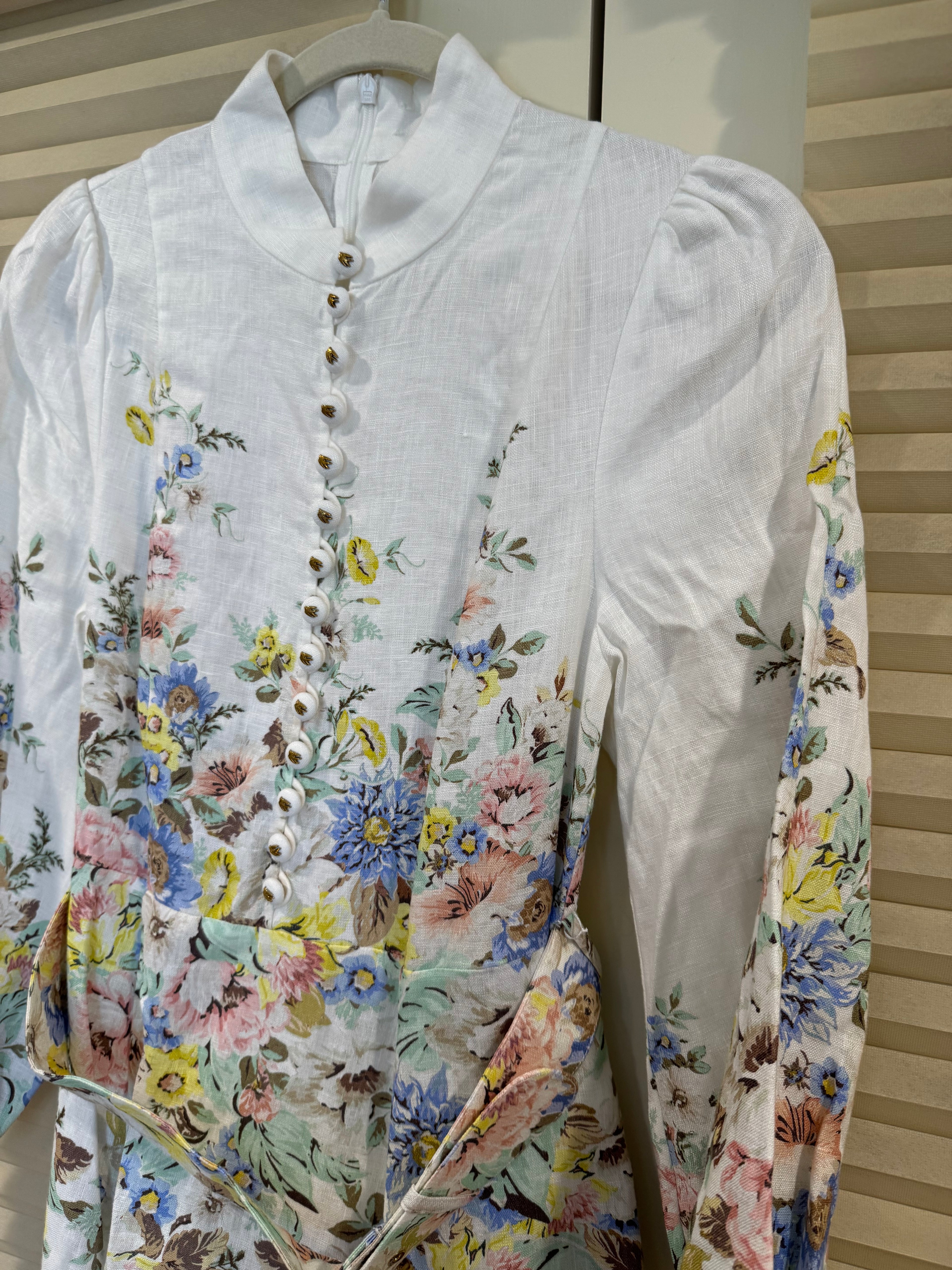 Zimmermann Floral Belted Linen Midi Dress, Size AU 2