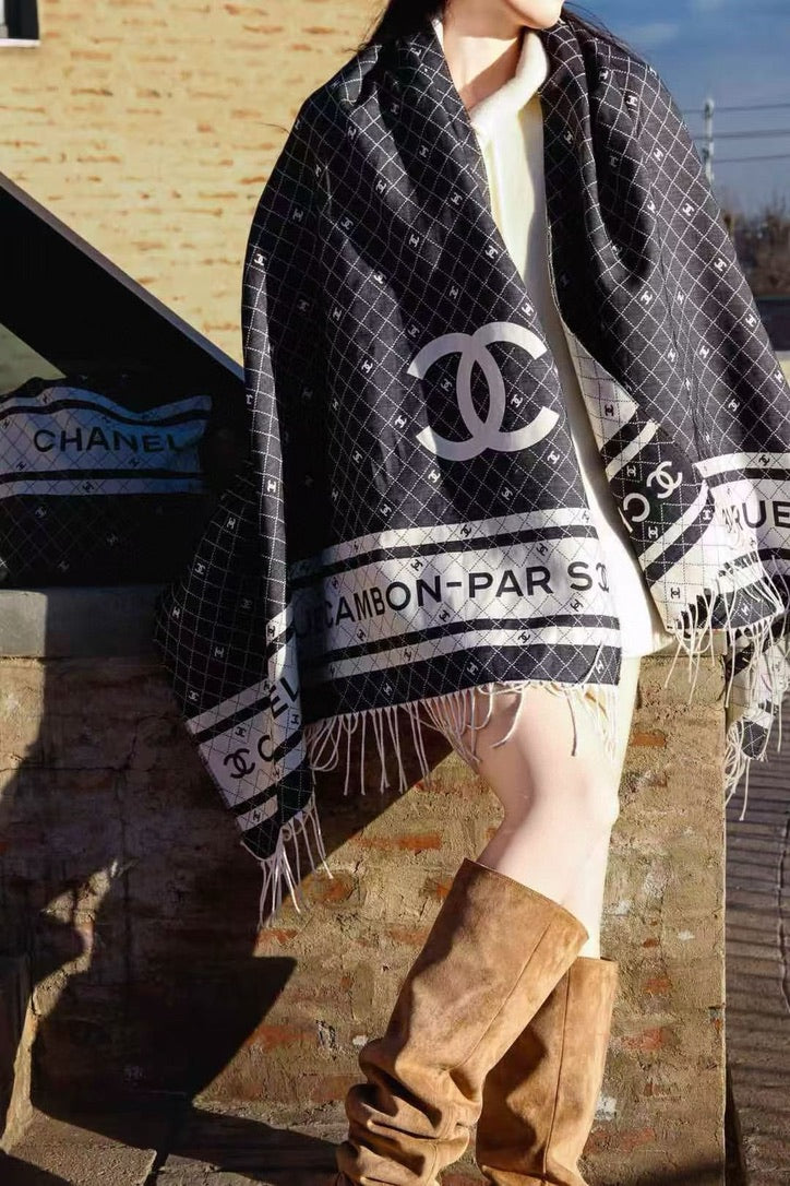 Chanel Logo Cotton/Silk Blend Scarf Black