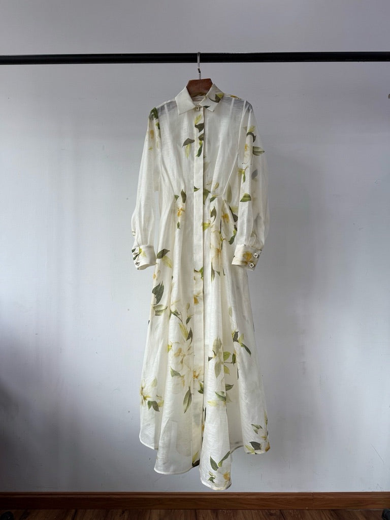 Zimmermann Harmony Floral Print Silk/Linen Blend Maxi Shirt Dress, Size AU 1/2