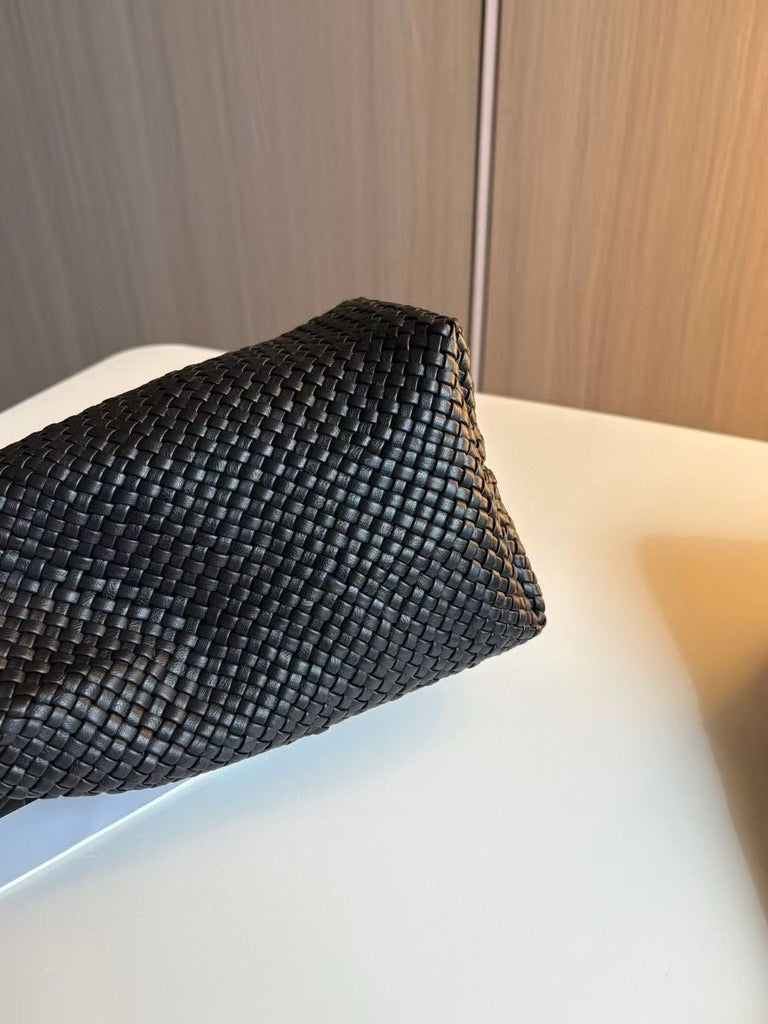 The Row Small Woven Leather Tote Bag in Black