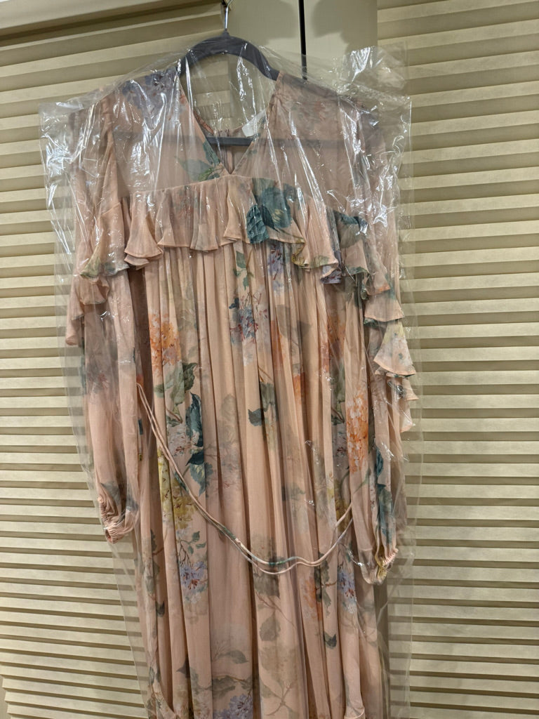 Zimmermann Floral Belted Silk Midi Dress in Peach, Size AU 1/2