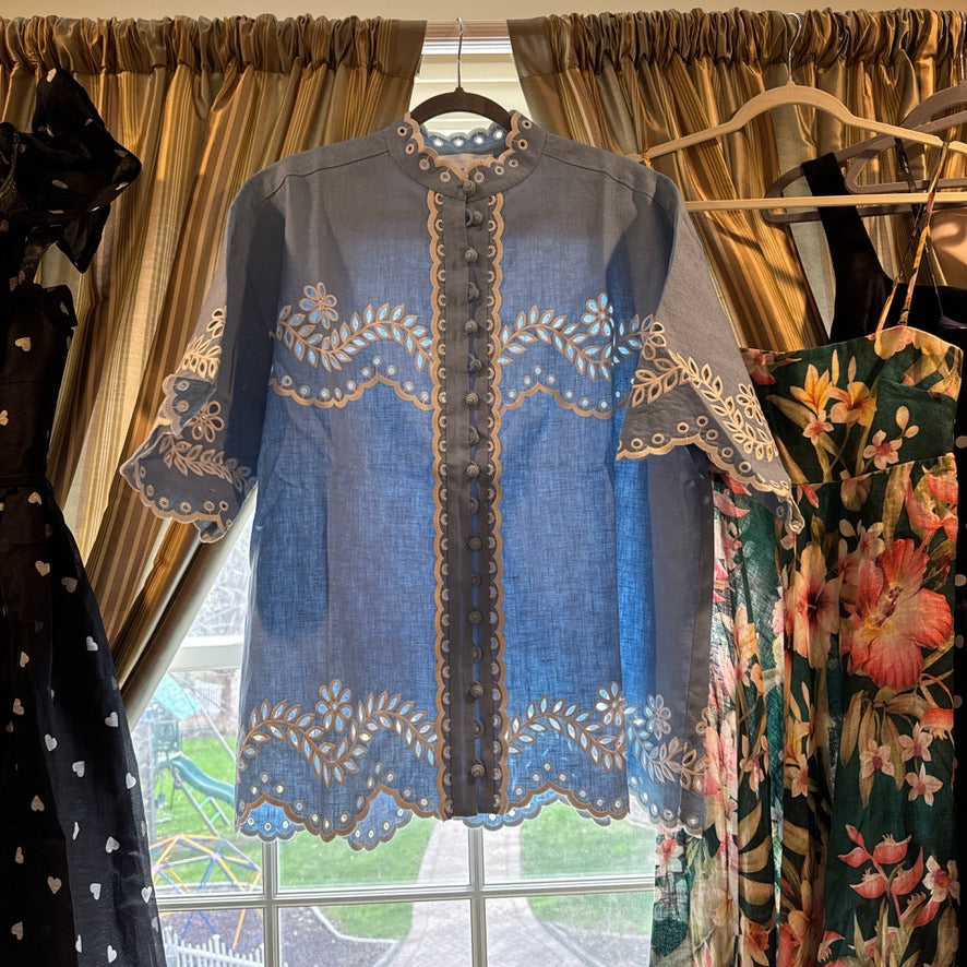 Zimmermann Linen Button Shirt & Belted Shorts Set in Blue, Size AU 1/2/3