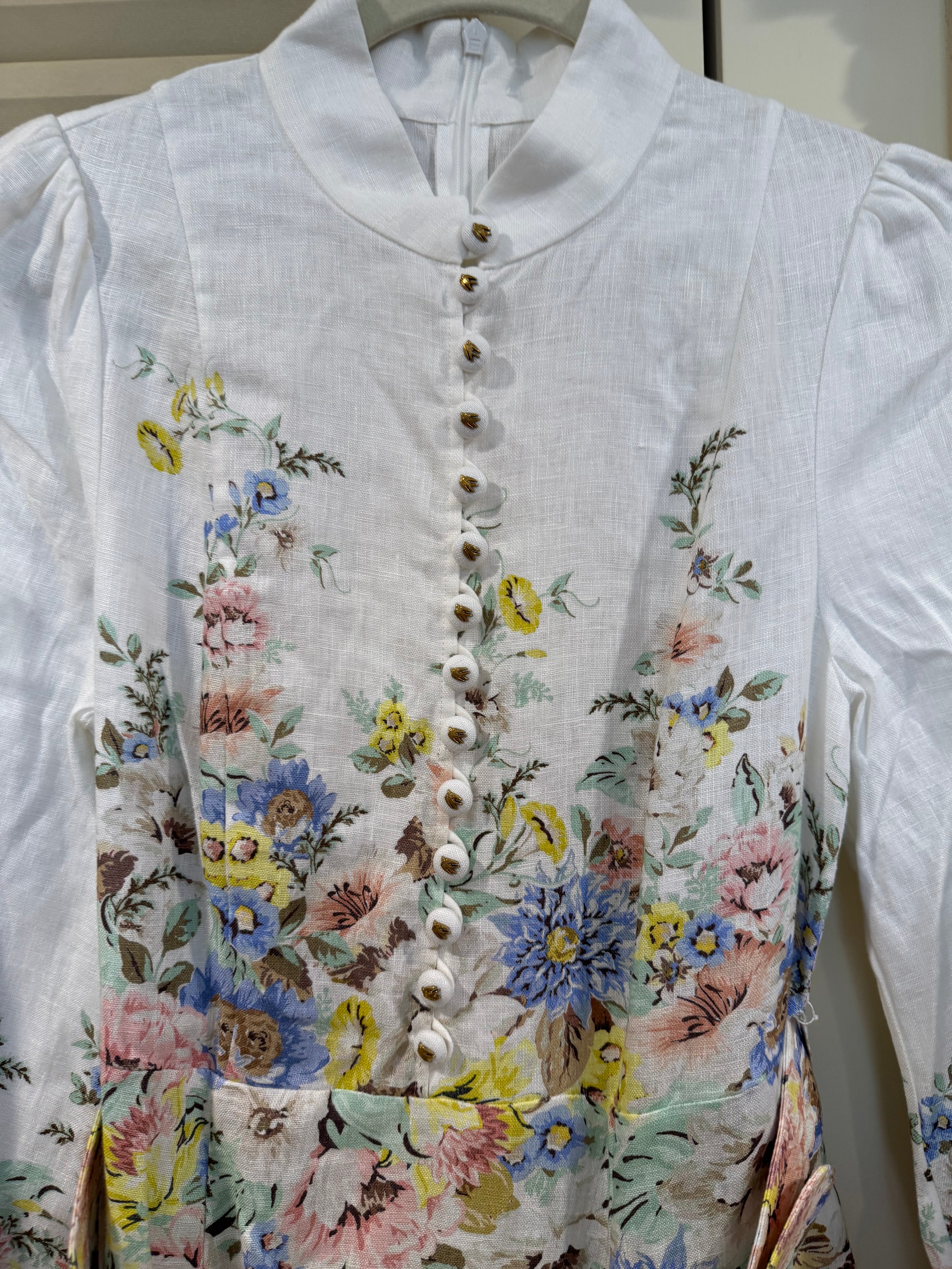 Zimmermann Floral Belted Linen Midi Dress, Size AU 2