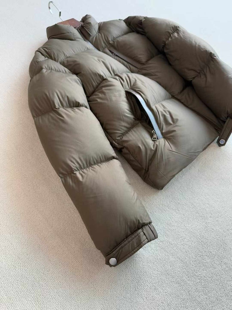 Moncler Besbre Hooded Short Down Jacket in Brown, Size 4/5