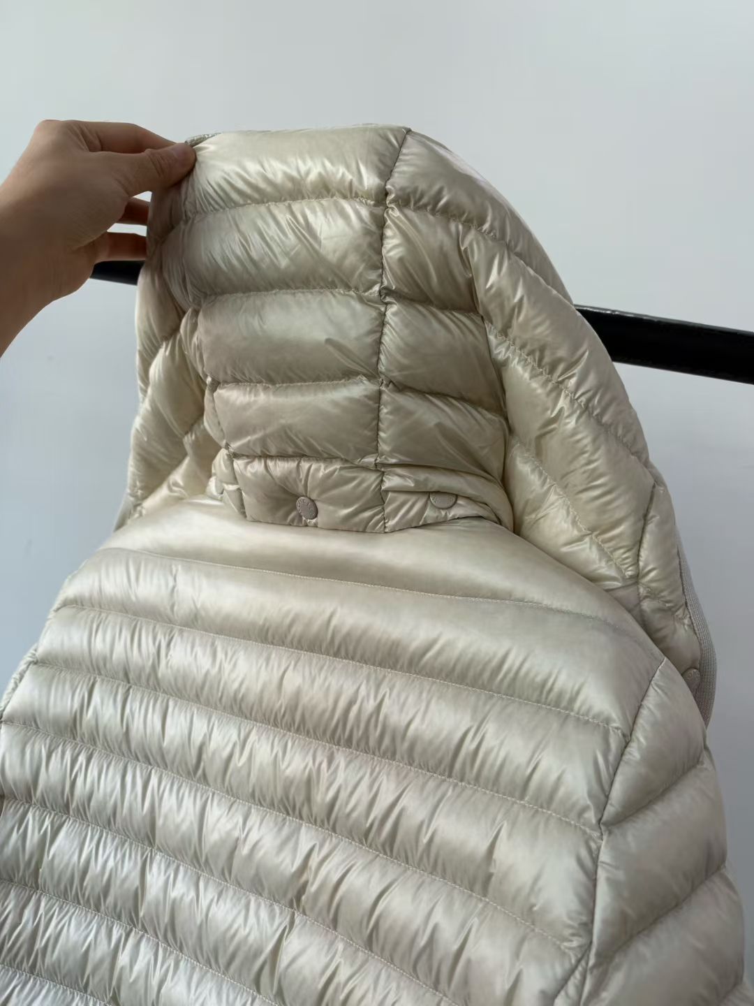Moncler Igelong Hooded Long Down Jacket in Beige, Size 0/1/2/3