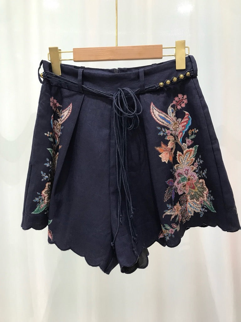 Zimmermann Floral Ramie Blouse & Belted Linen Shorts Set in Navy, Size AU 1/2/3