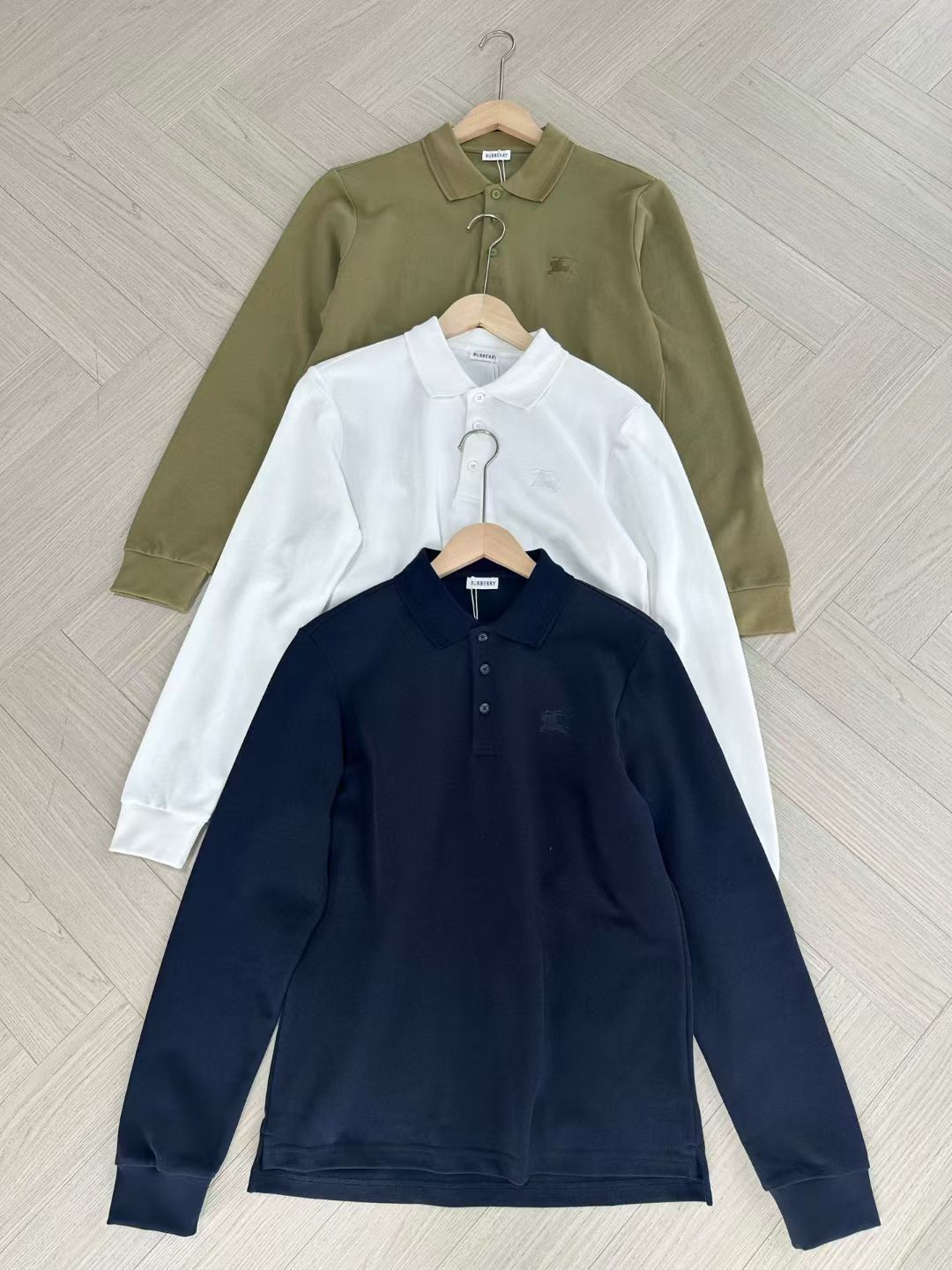 Burberry Long Sleeve Cotton Polo Shirt in Green/White/Blue, Size S/M/L/XL/XXL