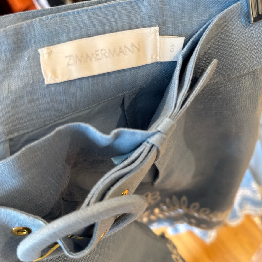 Zimmermann Linen Button Shirt & Belted Shorts Set in Blue, Size AU 1/2/3