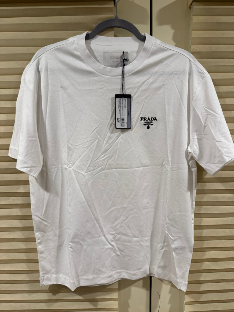Prada Embroidered Logo Cotton T-Shirt in White, Size XL