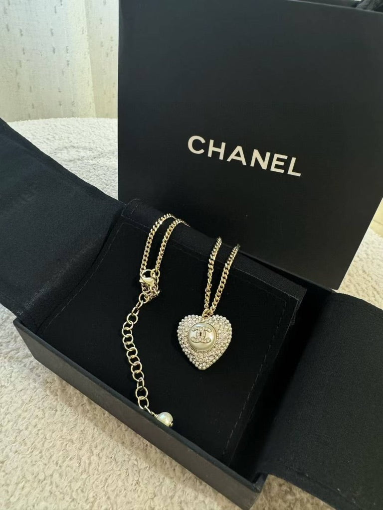 Chanel Pearl Crystal CC Heart Necklace
