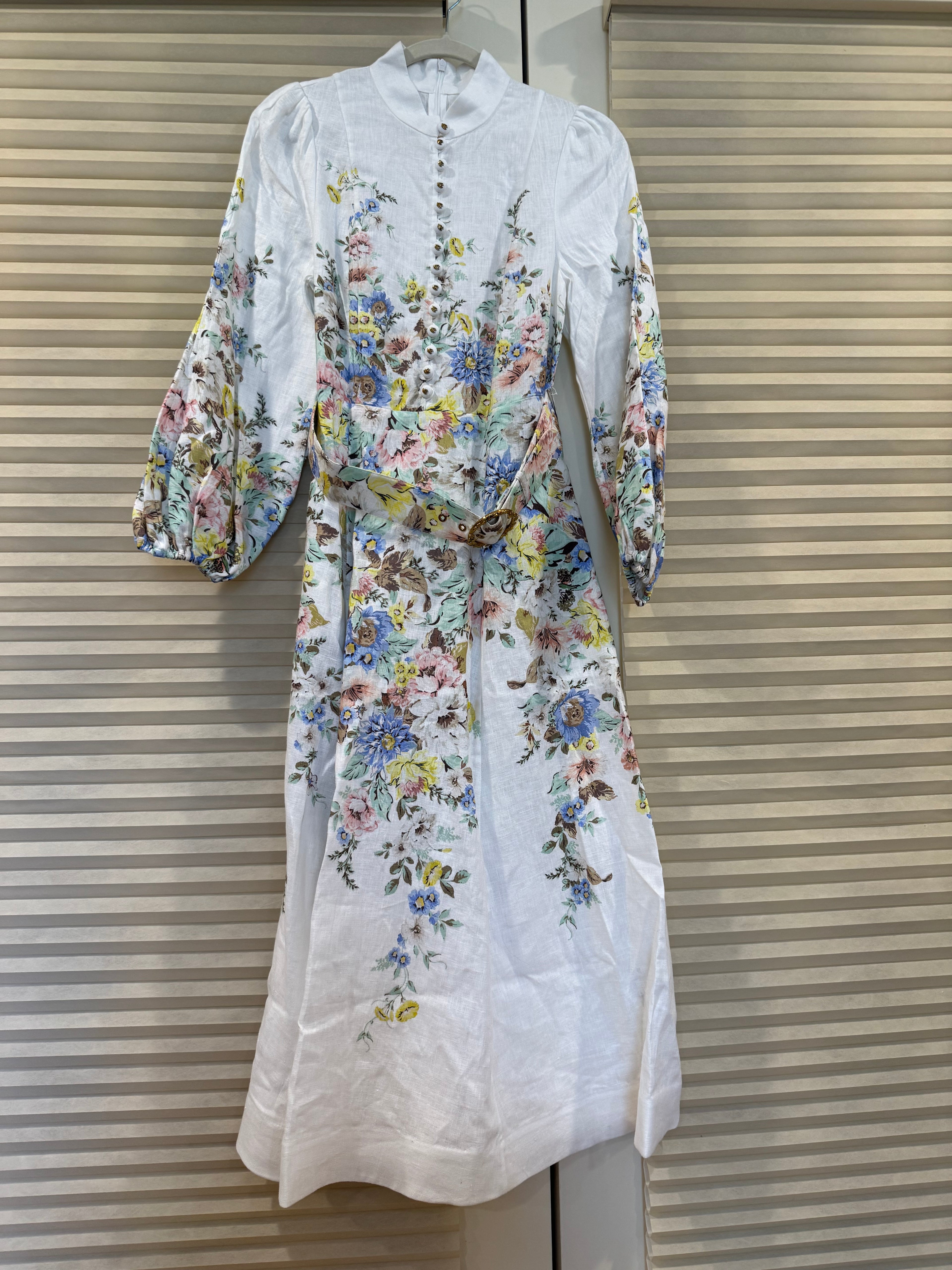 Zimmermann Floral Belted Linen Midi Dress, Size AU 2
