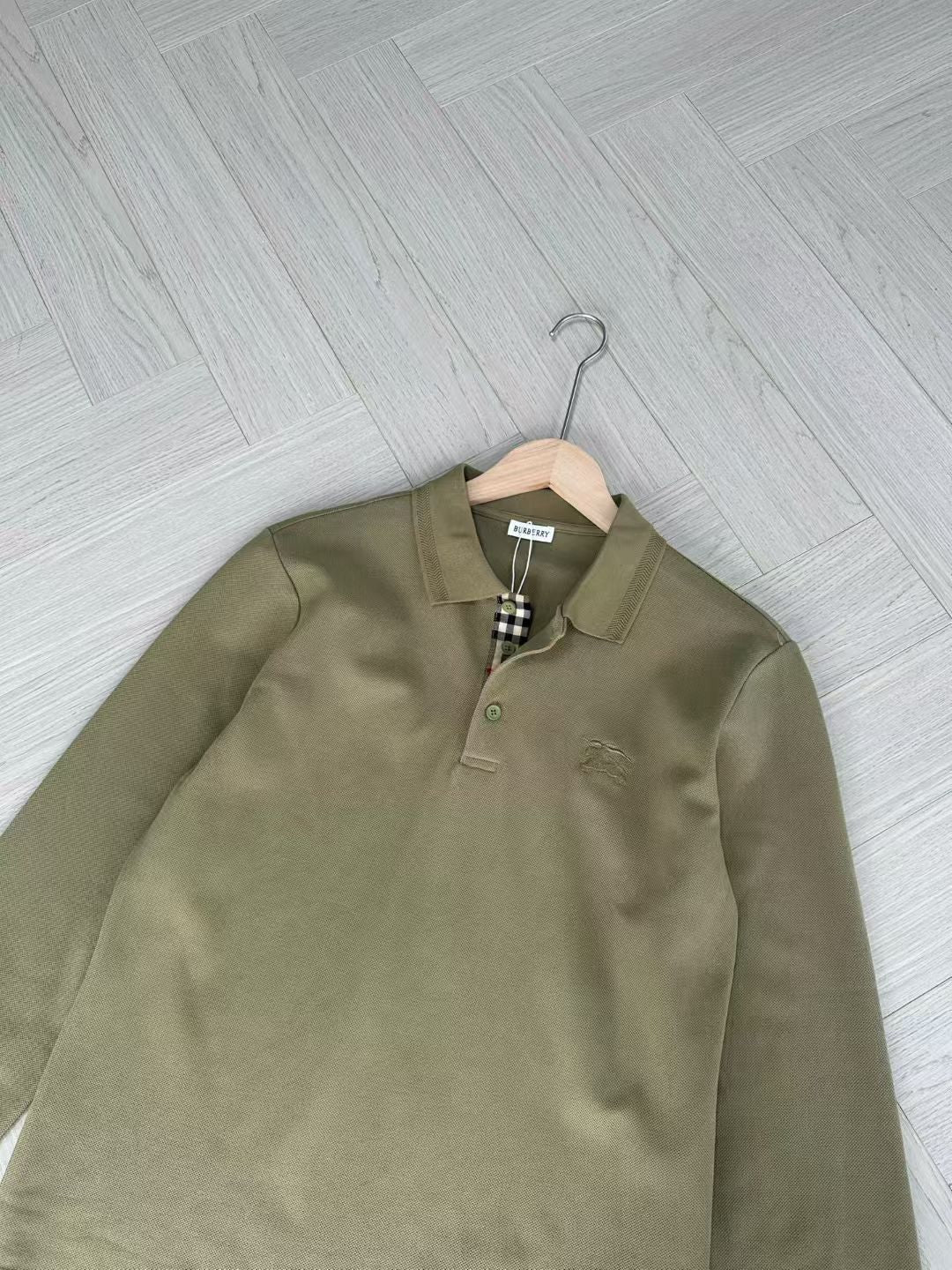 Burberry Long Sleeve Cotton Polo Shirt in Green/White/Blue, Size S/M/L/XL/XXL