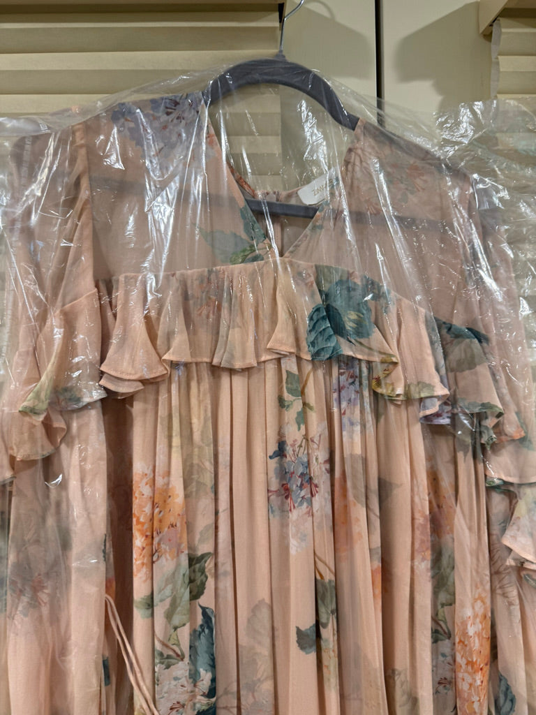 Zimmermann Floral Belted Silk Midi Dress in Peach, Size AU 1/2