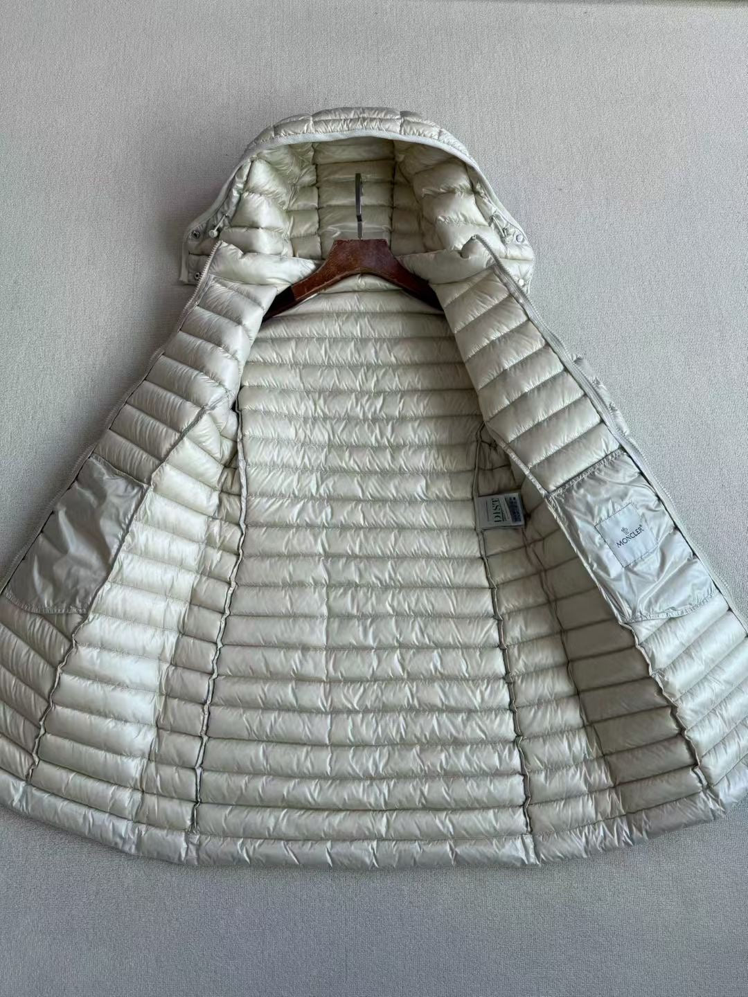 Moncler Igelong Hooded Long Down Jacket in Beige, Size 0/1/2/3