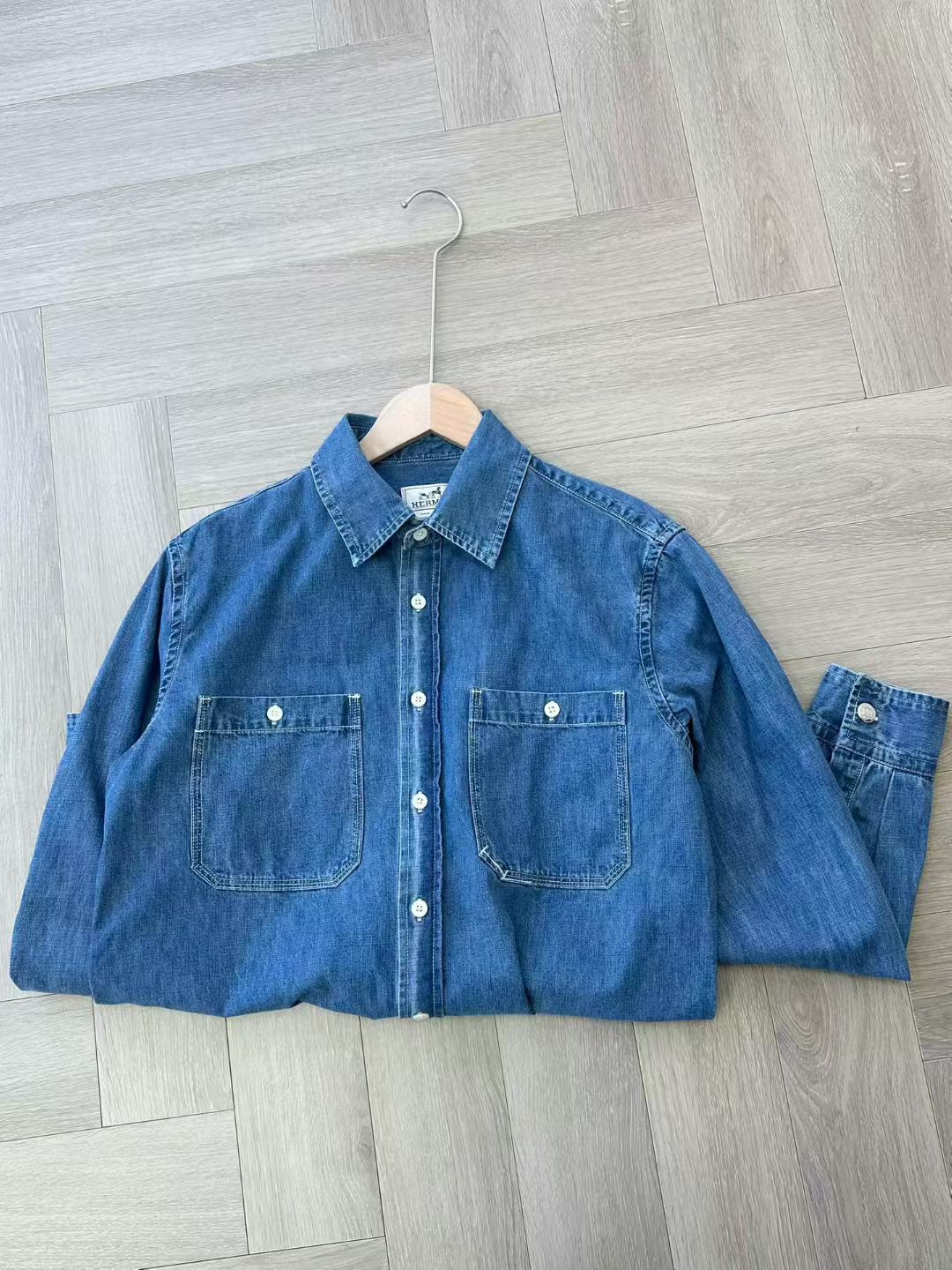 Hermes Unisex Long Sleeve Demin Shirt in Blue, Size 34/36/38/40/42