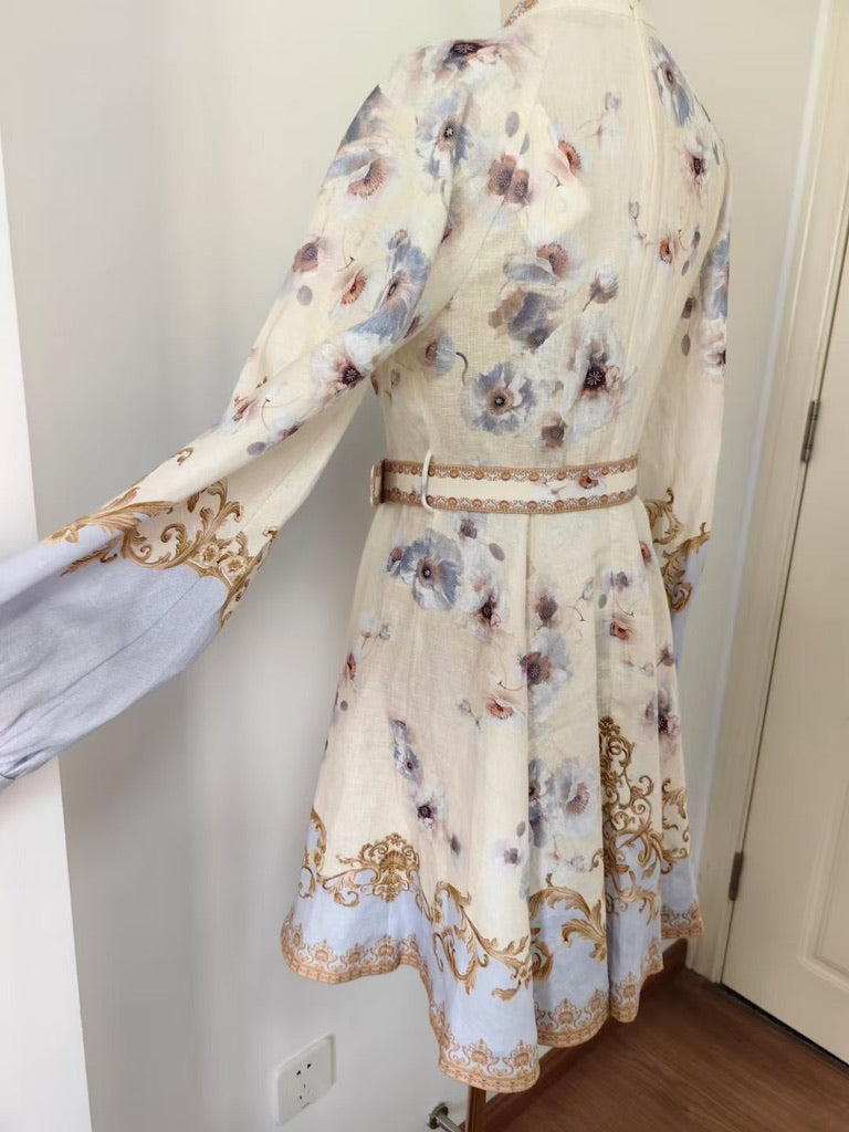 Zimmermann Buttoned Mini Dress in Blue Floral, Size AU 0/1/2/3