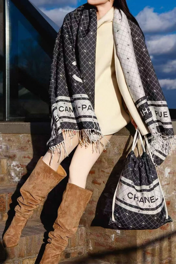 Chanel Logo Cotton/Silk Blend Scarf Black