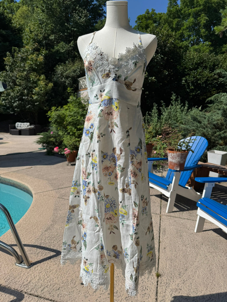 Zimmermann Lace Trim Floral Linen Sundress, Size AU 1/2