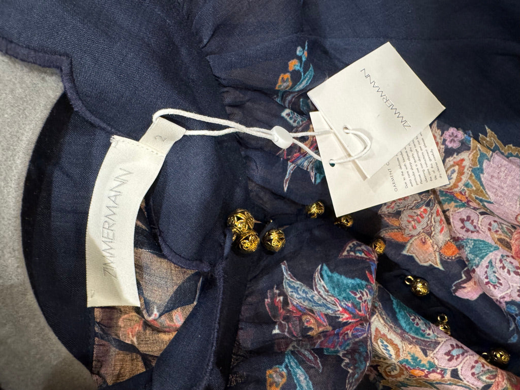 Zimmermann Floral Ramie Blouse & Belted Linen Shorts Set in Navy, Size AU 1/2/3