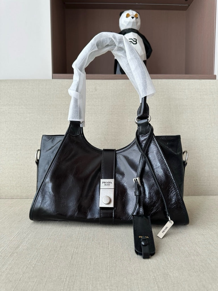Prada Medium Leather Tote Bag in Black (12.5 x 8 x 6 in)